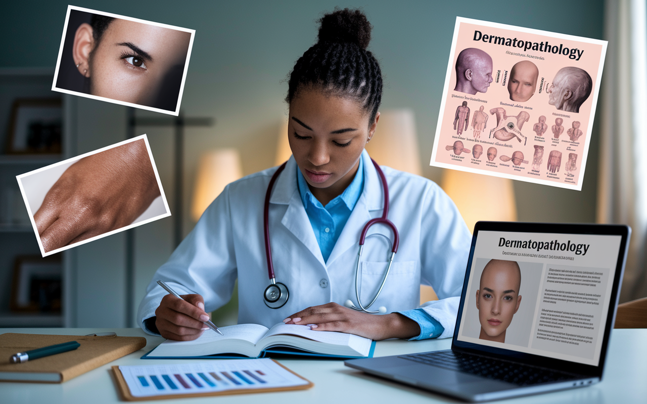 A focused medical student with a stethoscope around their neck, reviewing a dermatology textbook in a quiet study room. The student is surrounded by visual aids like skin condition photos, charts on treatment techniques, and a laptop with research on dermatopathology displayed. Soft lighting enhances the concentration of the scene, showcasing dedication and passion for the field of dermatology.