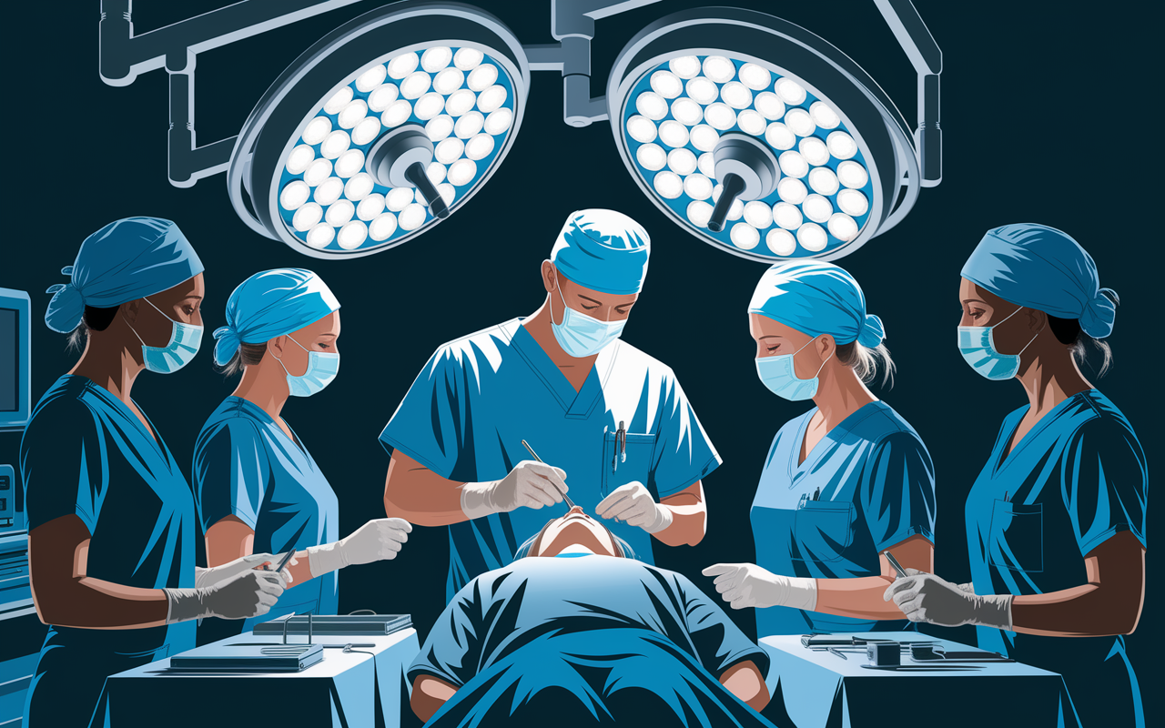 An illustration of a state-of-the-art plastic surgery operating room, with a skilled surgeon performing a delicate aesthetic procedure on a patient under bright surgical lights. The scene exudes professionalism and precision, showcasing advanced medical equipment and a focused surgical team in scrubs. The atmosphere is one of confidence and dedication to improving lives through surgery.