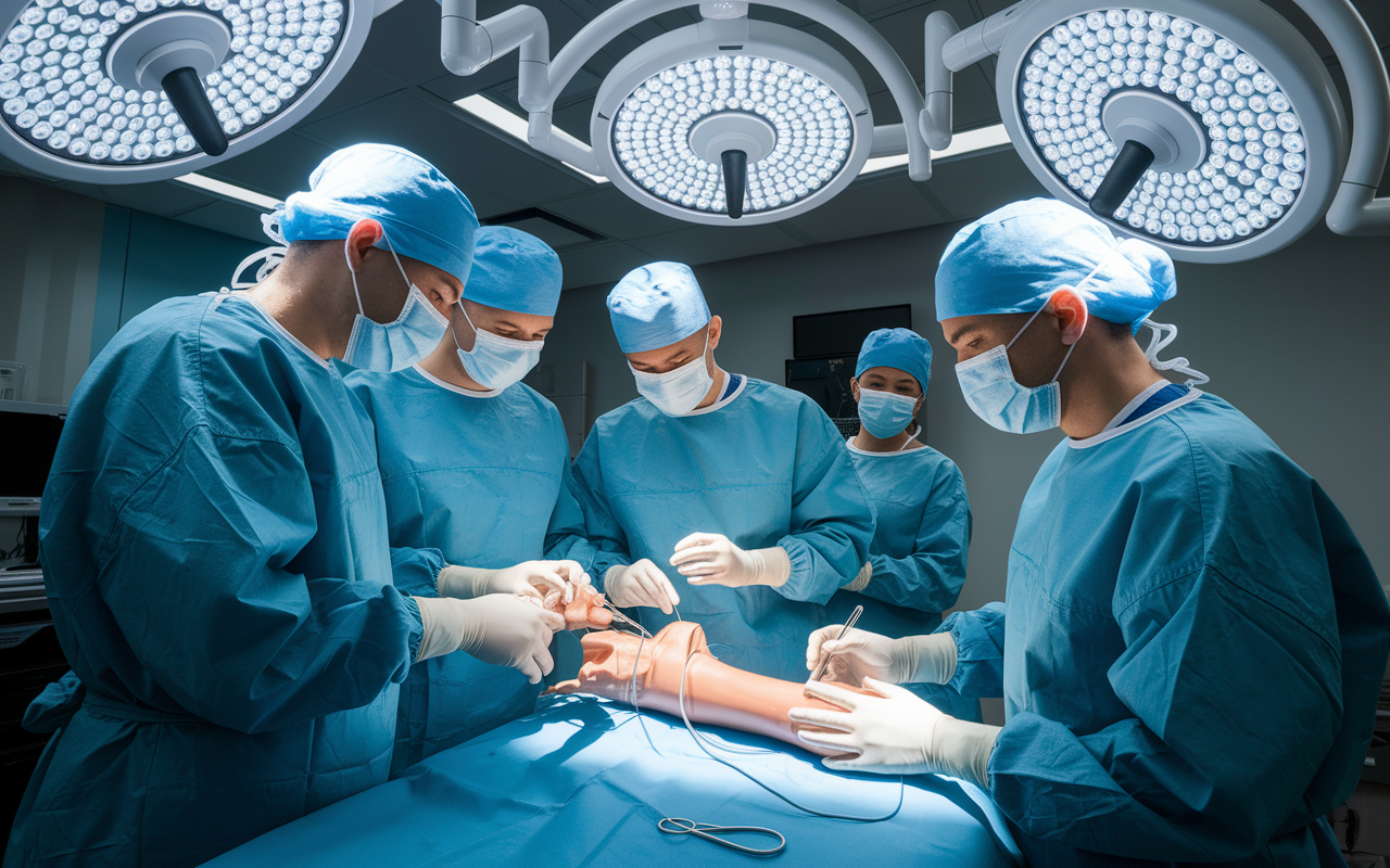 A dynamic scene of orthopedic surgery residents training in a simulation lab, with realistic models of human limbs. The atmosphere is energetic as residents practice surgical techniques under the guidance of an experienced mentor. Bright overhead lights illuminate their focused faces, highlighting their commitment to mastering this demanding specialty.