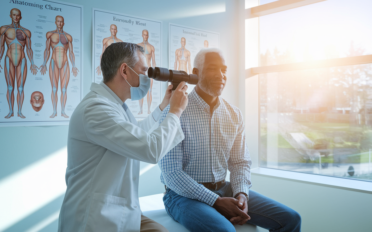 An ENT specialist examining an adult patient in a bright, modern clinic. The doctor is using a flexible scope while the patient shows calm and trust. Surrounding them are anatomical charts depicting the ear, nose, and throat, emphasizing the specialty’s focus. Sunlight from the large window adds warmth to the professional environment.