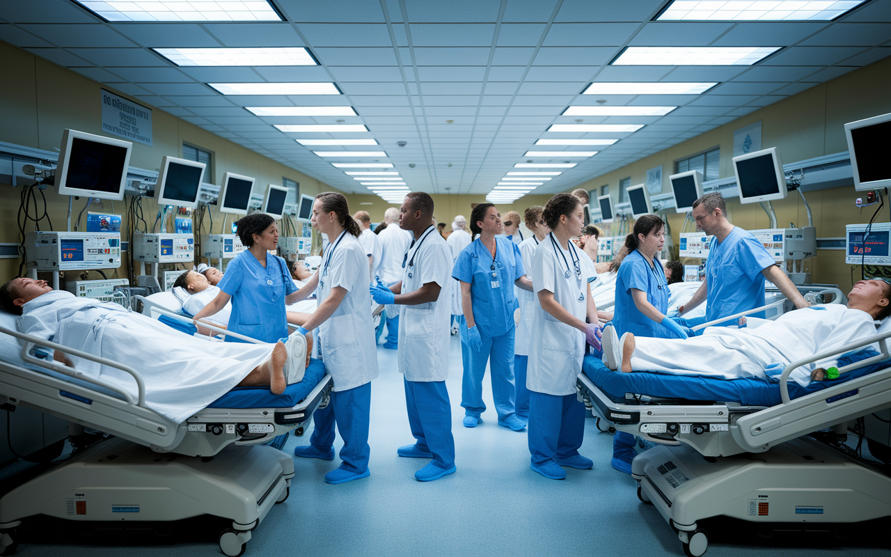 A bustling emergency department scene featuring healthcare professionals in action, treating multiple critical cases. Doctors and nurses are communicating effectively, demonstrating teamwork under pressure with monitors beeping in the background. The bright, fluorescent lighting captures the urgency and commitment to providing immediate care.