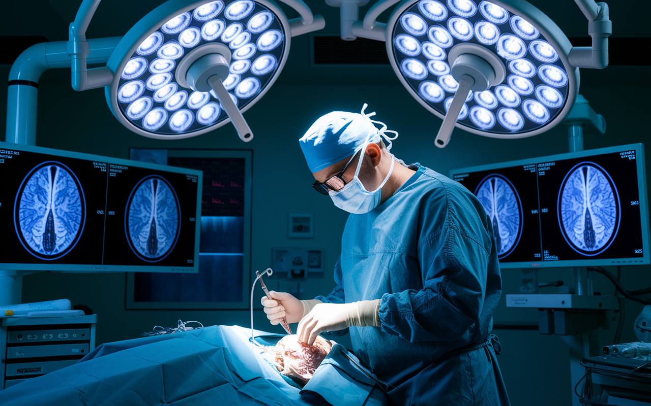 A highly focused neurosurgeon in the operating room, skillfully performing a brain surgery with advanced imaging technology displayed on screens around them. The scene is dramatic, with sterile conditions and bright surgical lights highlighting the surgeon's determination and expertise, showcasing the pinnacle of medical engineering and care.