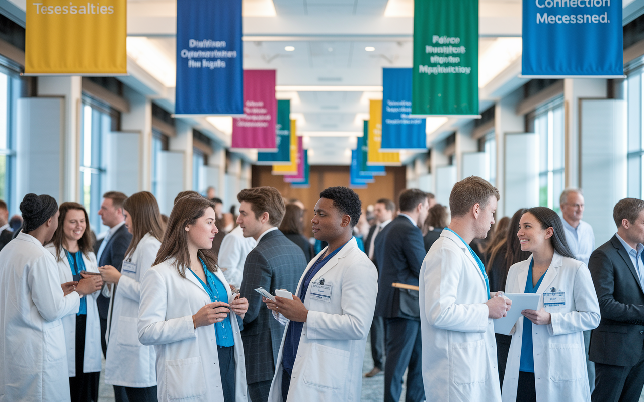 An engaging medical networking event set in a professional hall, with medical students interacting with established professionals in white coats. Bright banners representing different specialties hang overhead. The atmosphere is lively, showcasing the diversity of individuals discussing various interests and opportunities, fostering connections in the medical community.