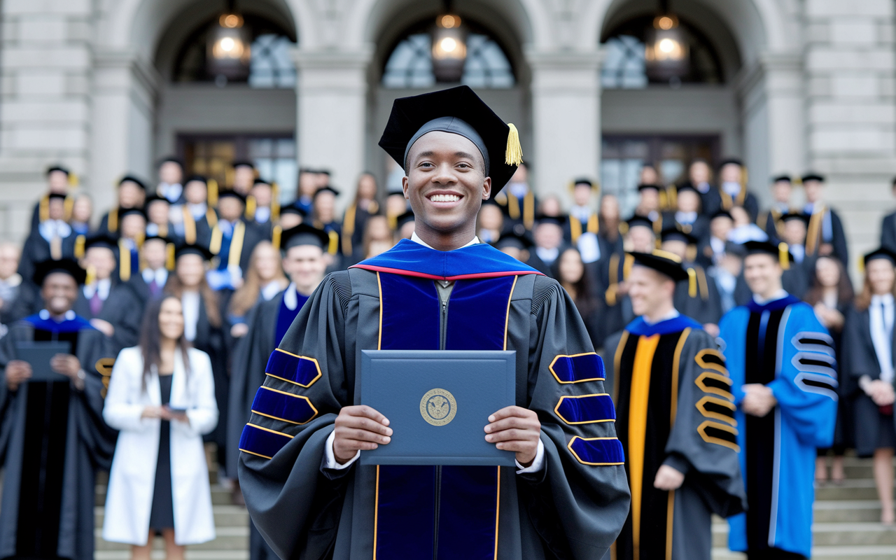 A triumphant medical graduate in academic regalia, standing on the steps of a prestigious medical school, holding their diploma with a beaming smile. The background is filled with fellow graduates, family, and academic staff celebrating their success. The atmosphere is joyful and hopeful, symbolizing the beginning of a new journey toward residency and a bright future in medicine.