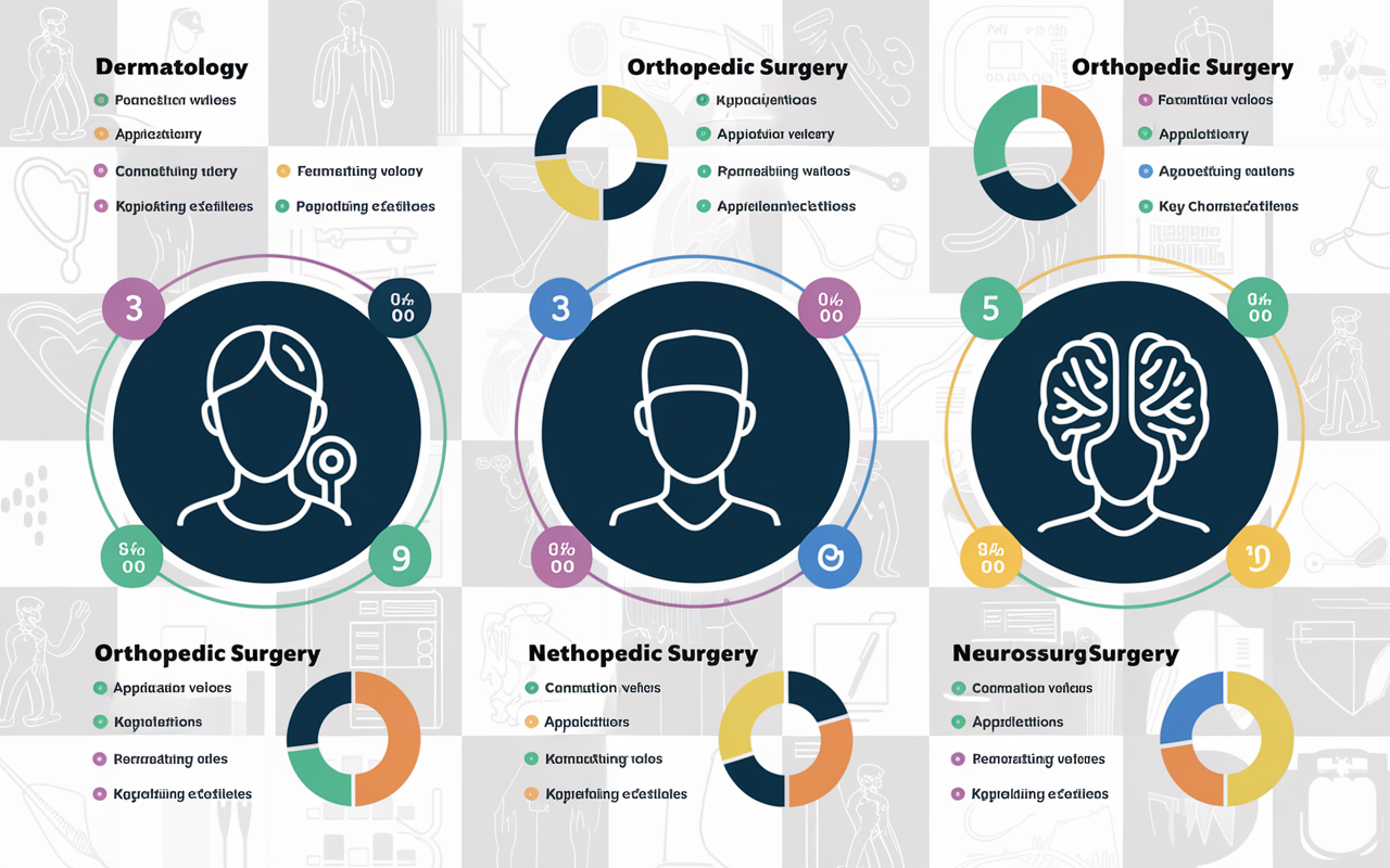 A dynamic visual representation of various medical specialties, with icons representing Dermatology, Orthopedic Surgery, and Neurosurgery. Each specialty is surrounded by descriptive statistics and charts highlighting competitiveness, application volume, and key characteristics. The background features a subtle collage of medical imagery, such as stethoscopes, surgical tools, and patient interactions, symbolizing the rigorous yet rewarding path of pursuing various specialties.