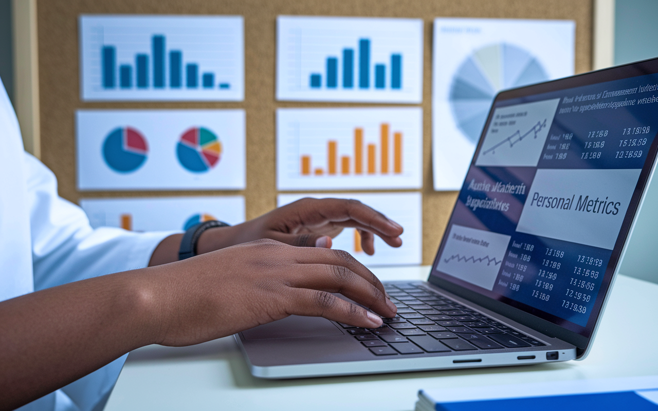 A close-up shot of a medical student analyzing their personal metrics, featuring a laptop with graphs and tables reflecting academic scores, clinical experiences, and research involvement. The student's hands are on the keyboard, illustrating active engagement in their application strategy. In the background, charts and diagrams on a bulletin board depict various competitive specialties, creating a sense of urgency and purpose.