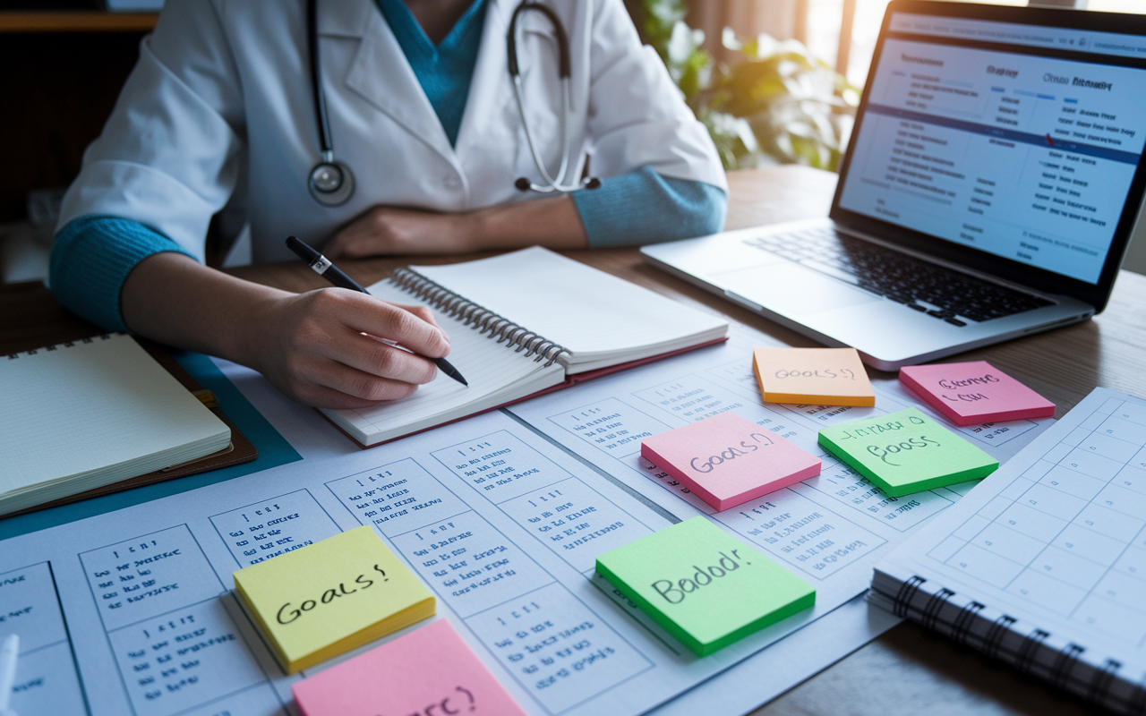 A focused medical student sitting at a desk with a strategic plan spread out, including timelines and action points for residency applications. The desk is cluttered with notebooks, colorful post-it notes with goals, and a calendar marked with important deadlines. Soft lighting illuminates the scene, enhancing the atmosphere of determination and planning, while a laptop screen reflects a detailed application preparation checklist.