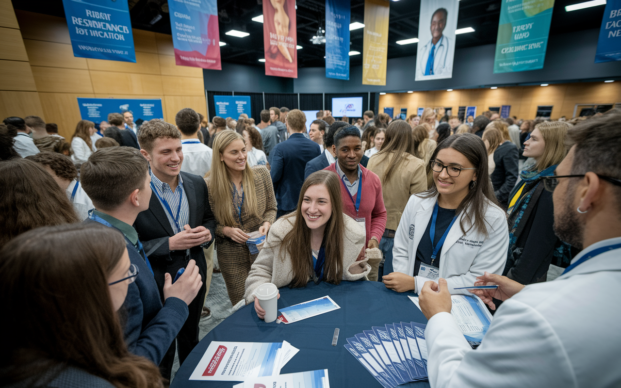 A lively scene at a medical conference where students engage with faculty and residents. Groups are animatedly discussing their specialties, with presentations happening in the background. Banners showcasing various medical fields hang from the walls, and pamphlets on residency application tips are visible on tables. The atmosphere is vibrant and collegial, symbolizing the importance of networking in the medical field.