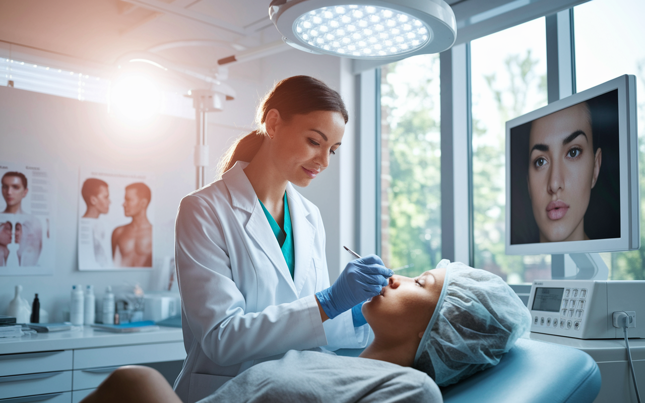 A dedicated dermatology resident in a bright, modern clinic, examining a patient’s skin under focused lighting. The room is equipped with dermatological tools, medical charts, and a high-definition monitor displaying skin condition images. The resident, dressed in a white coat, appears engaged and compassionate, illuminating the atmosphere with professionalism and care. The sunlight streams through large windows, giving a warm and inviting feel to the healthcare environment.