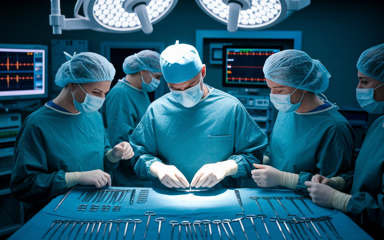 A highly skilled plastic surgeon in an operating room, focused intently on an intricate procedure. The room is brightly lit with numerous surgical instruments neatly arranged. The scrubbed-in surgical team works collaboratively, highlighting their determination and precision. The backdrop includes monitors displaying vital signs, fostering a sense of professionalism and urgency. The mood is tense yet focused, emphasizing the high-level skills required in this specialty.