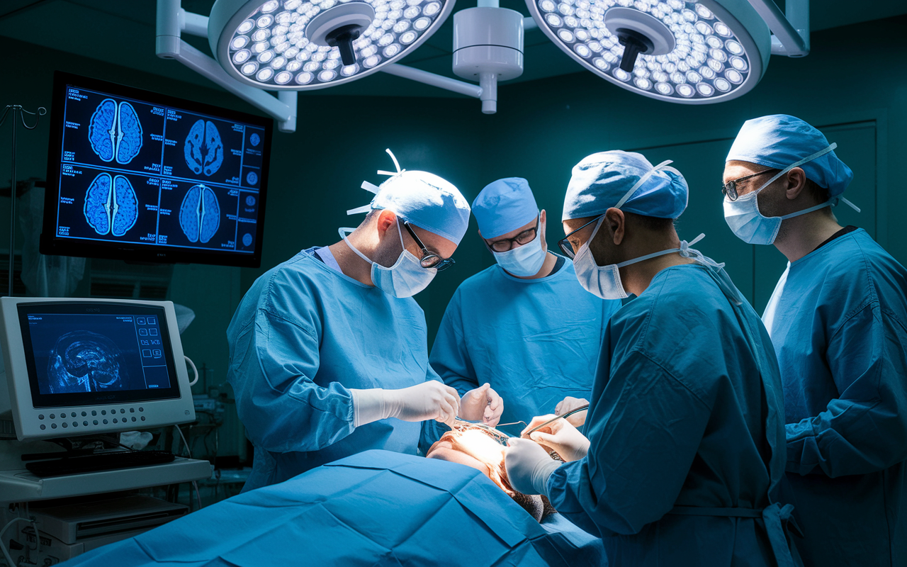 A neurosurgeon deeply concentrated while operating on a patient, surrounded by advanced medical equipment in a state-of-the-art surgical theater. Monitors displaying brain scans and patient vitals highlight the high-stakes environment. The focus is intense, and the team collaborates seamlessly, emphasizing the complexity and precision required in neurosurgery. The atmosphere is charged with energy and expertise.