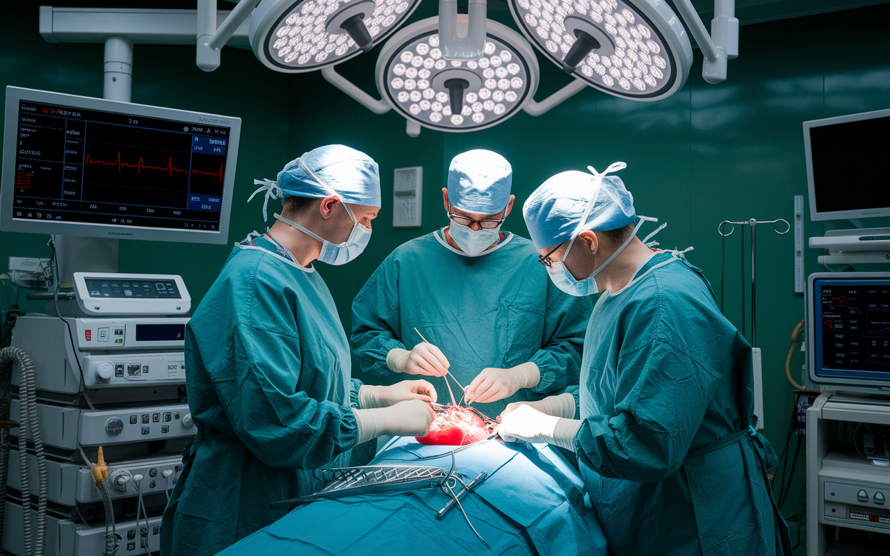 A dedicated cardiac surgical team during a procedure, showcasing intense focus and professionalism. The operating room is equipped with advanced cardiac monitors, intricate surgical instruments, and a large screen displaying the heart's condition. The atmosphere is serious yet alert with a strong sense of teamwork, emphasizing the importance of collaboration in life-saving procedures.