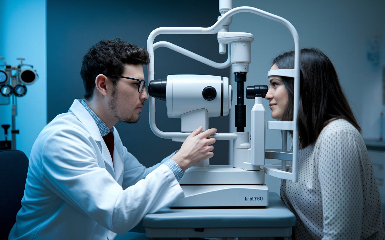 An ophthalmology resident in a clinical setting, skillfully examining a patient’s eyes using advanced diagnostic equipment. The room is filled with specialized tools such as lenses and imaging systems. The atmosphere is both professional and caring, showcasing the interaction between the resident and the patient, with ambient lighting creating a calm and reassuring environment.