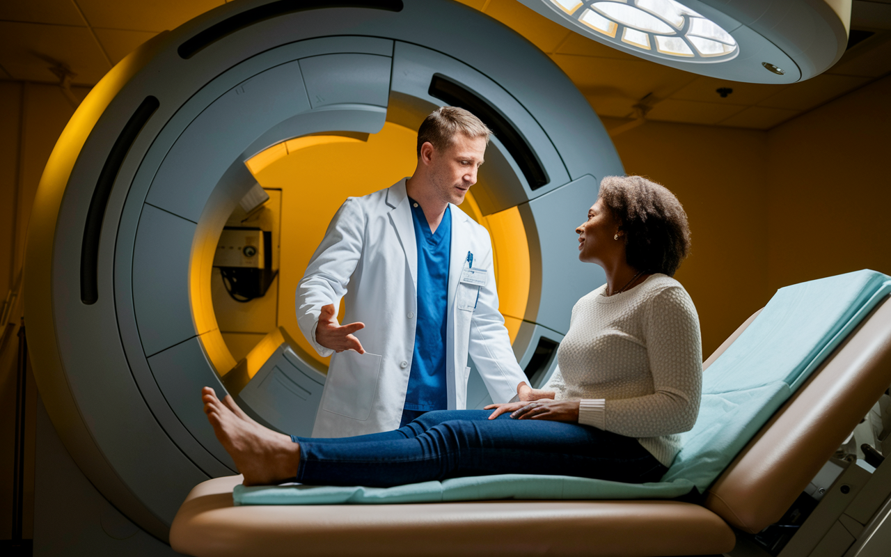 A radiation oncologist discussing treatment plans with a patient in a serene, well-equipped treatment room. High-tech radiation machines are visible in the background, underscoring the role of technology in modern medicine. The atmosphere is supportive, with warm lighting enhancing the compassionate interaction between clinician and patient, showcasing the importance of patient-centered care.