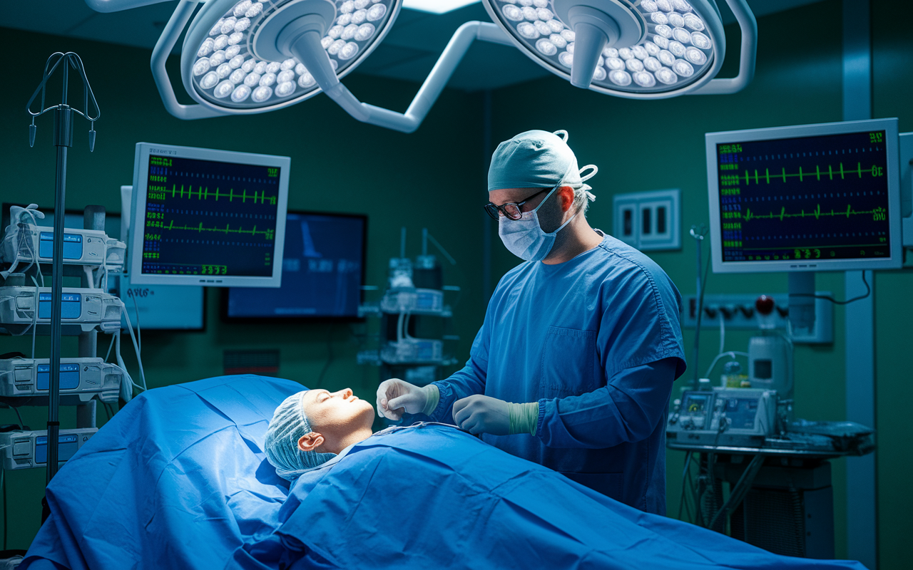 An anesthesiologist carefully monitoring a patient under anesthesia in a busy operating room. The scene is characterized by advanced monitoring equipment, vital sign screens, and a calm yet meticulous atmosphere. The professional appears focused and prepared, highlighting the responsibilities and skills required in anesthesiology amidst a critical moment in surgery.