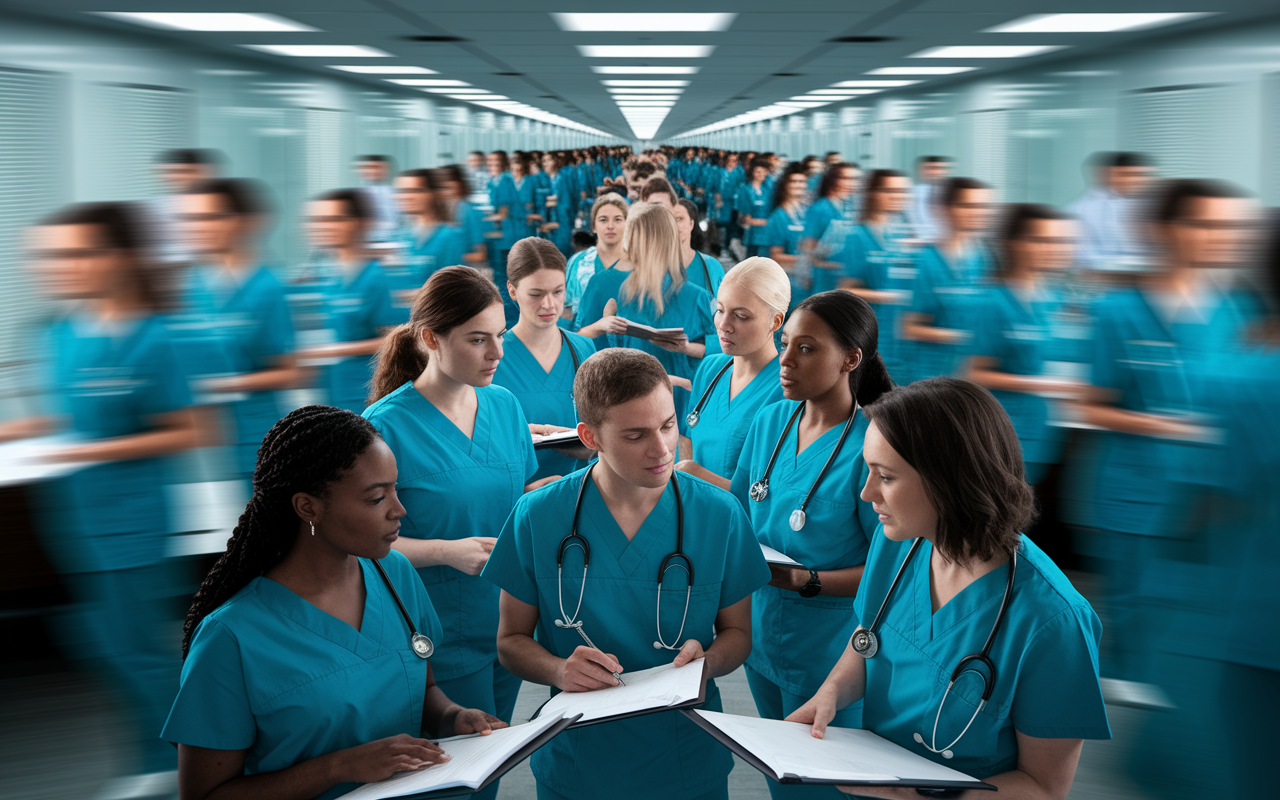 A striking visual of a bustling hospital corridor lined with medical professionals in scrubs working diligently, conveying the high competition in the medical field. In the foreground, a diverse group of medical graduates, looking hopeful yet determined, is gathered, preparing documents and discussing their passions. The atmosphere is intense yet vibrant, with blurred figures of patients and staff moving in the background. Dim hospital lighting contrasts with the bright insights reflected in the faces of the candidates, symbolizing urgency and ambition in the journey to secure a specialty position.