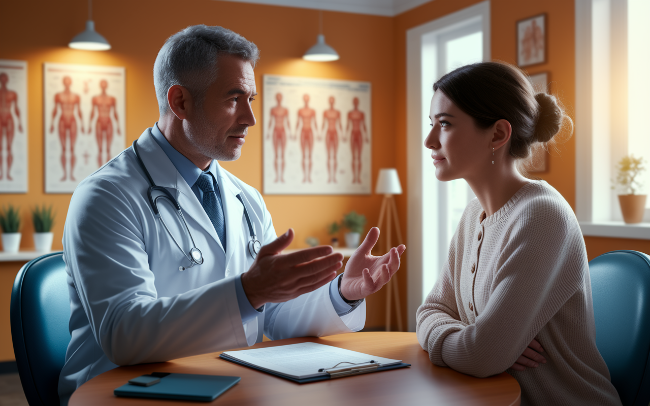 A vivid representation of a medical professional engaged in a dialogue with a patient in a consultation room. The doctor, a middle-aged man in a white coat, is confidently explaining a treatment plan while the patient, a young woman with an attentive expression, listens closely. The room is warmly lit, with anatomical posters on the walls and a reassuring atmosphere. This scene illustrates the importance of communication skills in healthcare, with an emphasis on empathy, clarity, and professionalism.