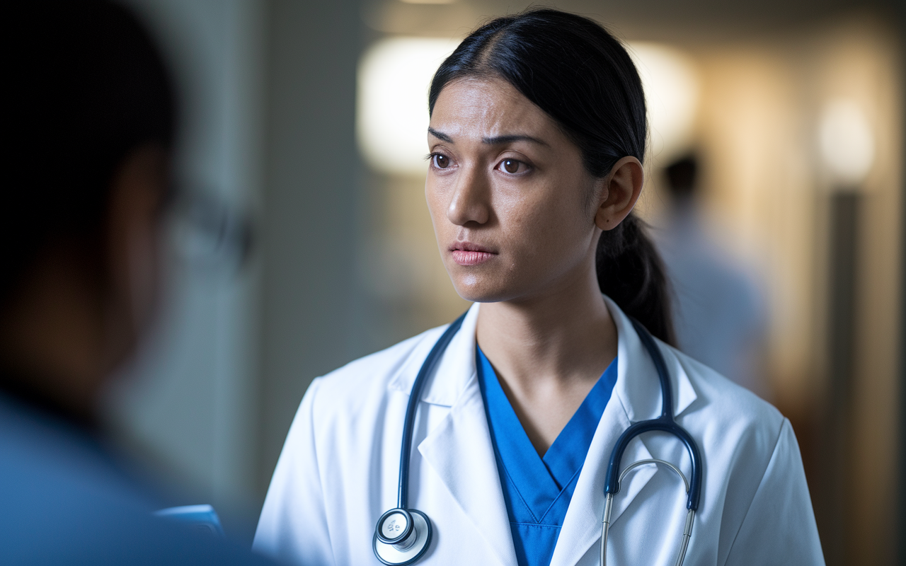 A powerful image capturing a medical professional in a hospital setting reflecting on a complex ethical dilemma. The young doctor, a woman of South Asian descent, is standing in front of a patient chart with an expression of deep thought and consideration. The background is subtly blurred, focusing on her intense concentration and commitment to ethical standards. The lighting is soft and natural, emphasizing the gravity of her decision-making process within patient care.