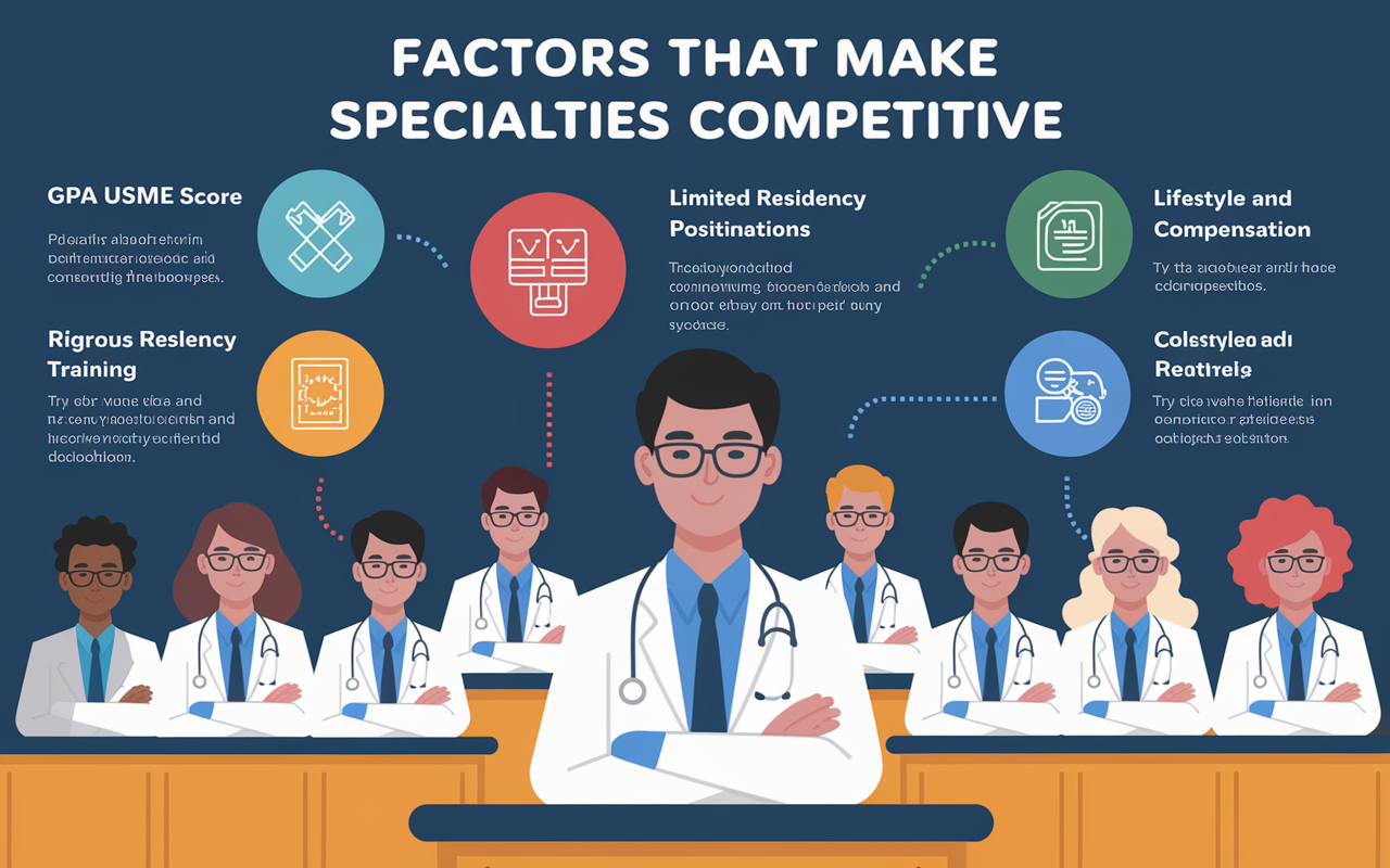 A visually engaging infographic depicting the factors that make medical specialties competitive. Key elements illustrated include GPA and USMLE scores, limited residency positions, rigorous training, lifestyle and compensation, and prestige. Each factor represented through colorful icons and brief descriptions, with a background of medical students in a classroom setting, emphasizing their hard work and dedication.