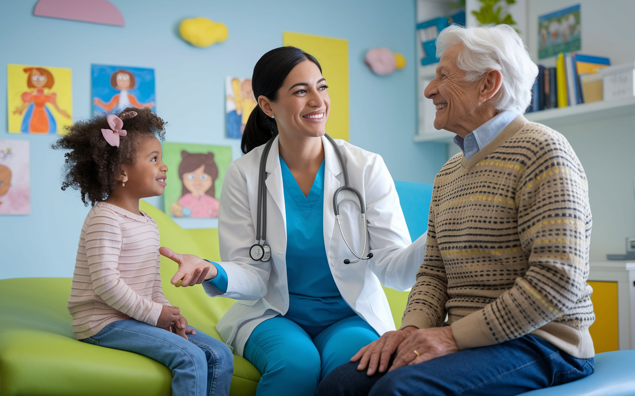 A med-peds physician, a Hispanic female, engaged in a warm conversation with a young child and an elderly patient in a bright examination room. The decor is joyful and friendly, with children’s drawings on the walls. The physician's empathetic expression emphasizes the importance of lifespan care, showcasing the dynamics of treating patients across different age groups.