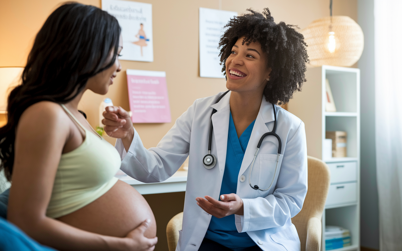 An OB/GYN physician, a young African-American female, joyfully interacting with a pregnant woman during a prenatal appointment in a comfortable office. The setting is warm and inviting, with soft lighting and educational materials on maternal health readily displayed. This scene captures the rewarding aspect of caring for women’s health and delivering babies, highlighting the impactful nature of this specialty.