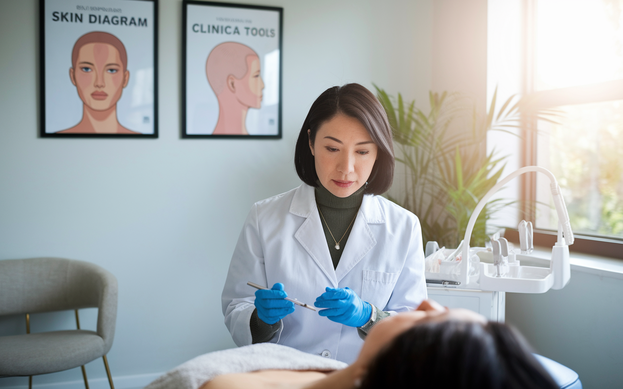 A dermatologist, a middle-aged Asian female in a lab coat, attentively examining a patient's skin while seated in a well-lit, modern clinic. The wall showcases framed skin diagram posters. A chair next to her holds clinical tools, and a sunny window provides a warm and inviting atmosphere. The focus reflects patient care combined with professionalism, capturing the desirable work-life balance of this specialty.