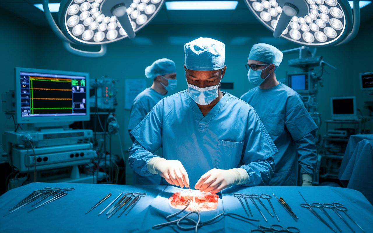 An orthopedic surgeon, a young Black male in surgical scrubs, performing a complex surgery with precision. The operating room is bright and filled with advanced surgical instruments, monitors displaying vital signs, and surgical lights illuminating the scene. The atmosphere conveys intense focus, teamwork, and the intricacies of surgical procedures, emphasizing both the high demand and technical skills involved in orthopedic surgery.