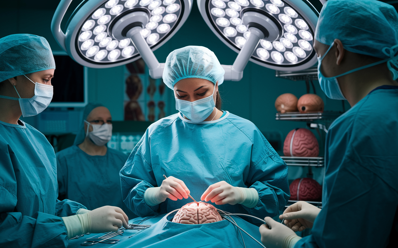 A focused neurosurgeon, a Hispanic woman in an operating gown and mask, performing a delicate brain surgery under bright surgical lights. Surrounding her are state-of-the-art medical equipment, 3D anatomical models, and a skilled surgical team providing assistance. The atmosphere reflects high stakes, precision, and the impact of life-saving work, showcasing the rigorous demands and intellectual challenges of this specialty.