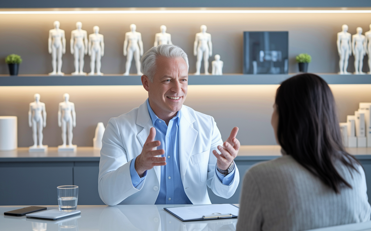 A plastic surgeon, a middle-aged Caucasian male, explaining a cosmetic procedure to a patient in a sleek, modern clinic. The consultation room is tastefully decorated with models of the human body and successful before-and-after examples on display. The mood is friendly and professional, highlighting the blend of artistry and medical expertise essential in this specialty, while soft lighting creates an inviting atmosphere.