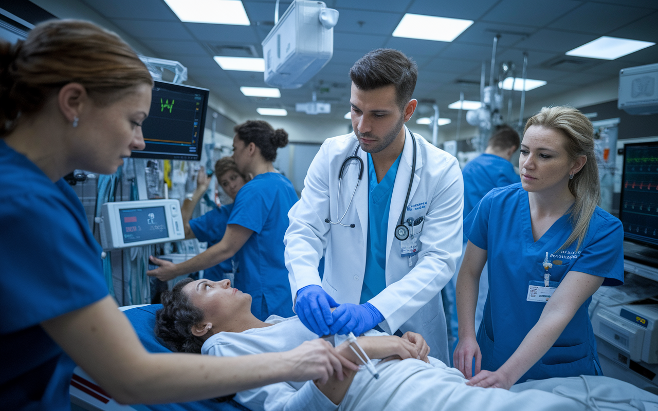 An emergency physician, a young middle-eastern male, treating a patient in a bustling emergency room filled with medical staff working under pressure. Monitors beep and bright lights enhance the chaotic yet structured environment. The clinician is communicating quickly and effectively with nurses, conveying urgency while providing care, underlining the dynamic work environment and direct patient interaction inherent in emergency medicine.