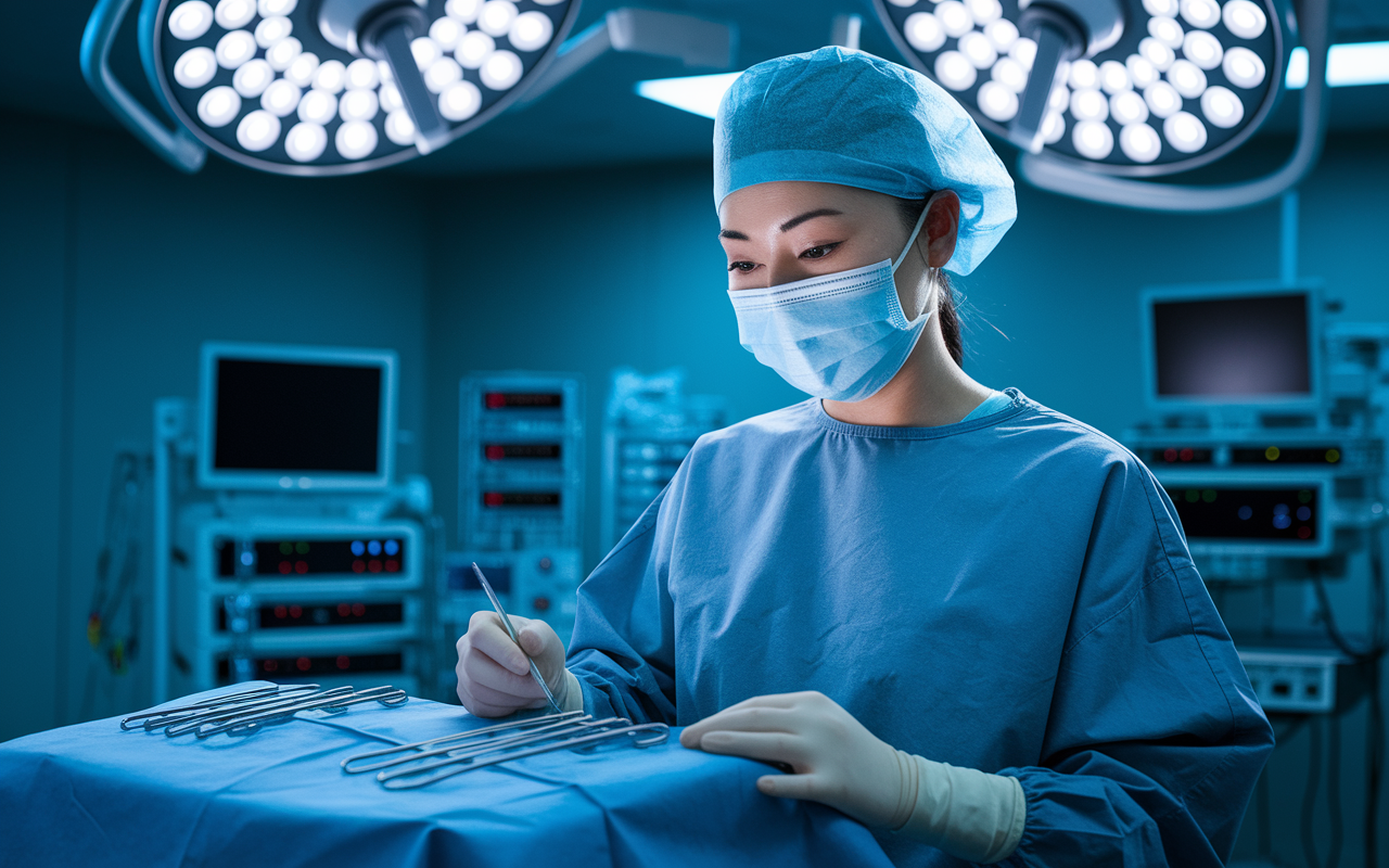 An anesthesiologist, an Asian woman wearing a surgical cap and mask, carefully checks equipment in a serene operating room before a surgical procedure. The room is filled with advanced monitoring devices and calming blue lighting, creating a sense of order and control. Her focused expression reflects the critical role she plays in patient care while highlighting the demand and work-life balance aspects of her specialty.