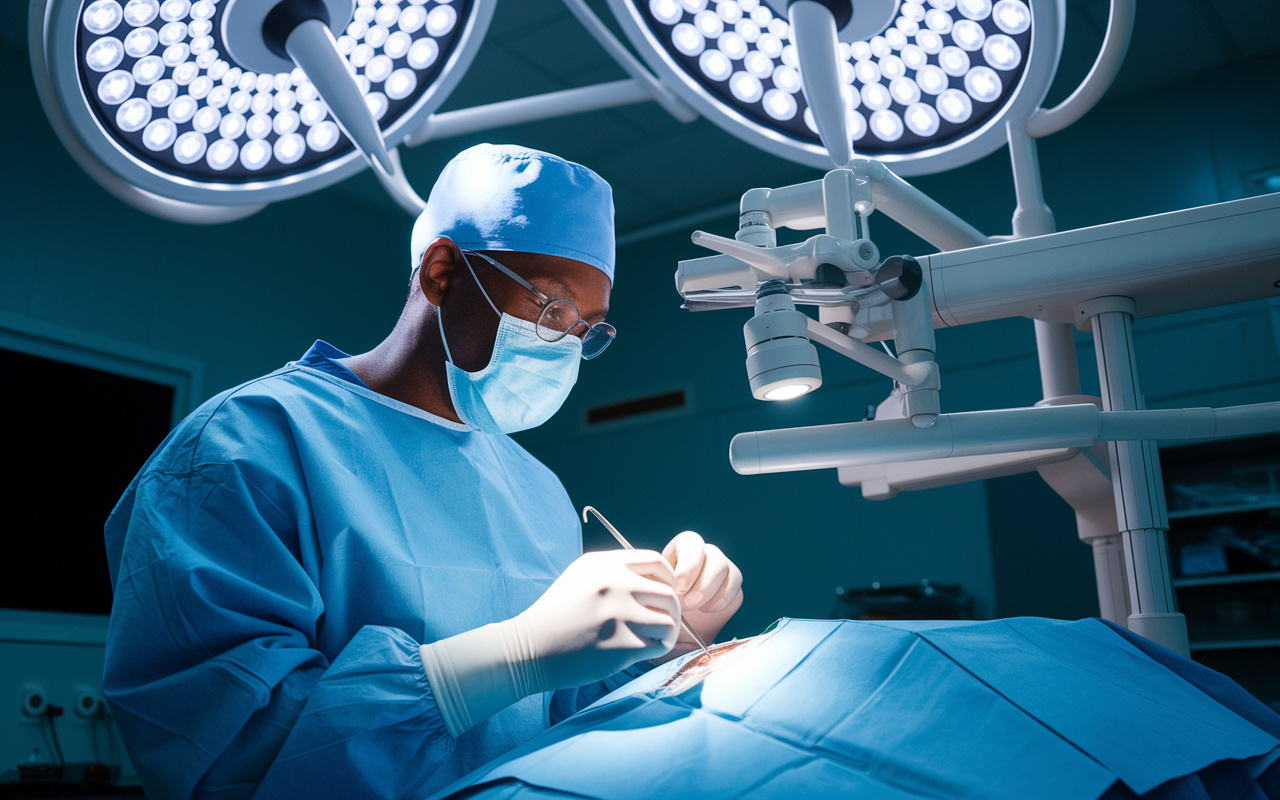 An ophthalmologist, a African-American male, skillfully conducting eye surgery with advanced equipment in a bright, organized operating room. The bright lighting and high-tech tools create an atmosphere of precision and care. Close-up shots show his focused eyes and steady hands, illustrating the intricate balance of medical knowledge and surgical finesse in this rewarding field.