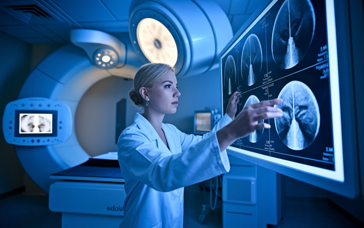 A radiologist, a Caucasian female, diligently analyzing medical images on a large screen in a modern radiology suite. Advanced imaging technology surrounds her, with machine dials and screens glowing softly. The atmosphere is focused and technical, emphasizing her role in diagnostics, and showcasing the innovative nature of modern radiology.