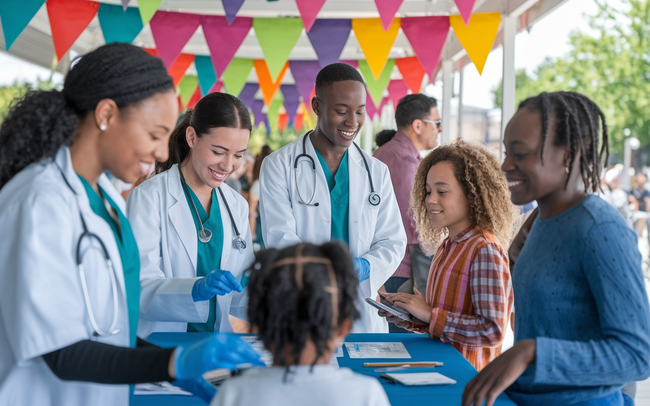 An inspiring scene depicting medical students engaging in volunteer work at a community health fair. The setting is a vibrant outdoor space with colorful banners and passionate interaction between the students and families. One student is providing a health screening, another is leading an educational workshop. The atmosphere is lively and compassionate, underscored by bright daylight and warm interactions that underline the importance of service in medicine.