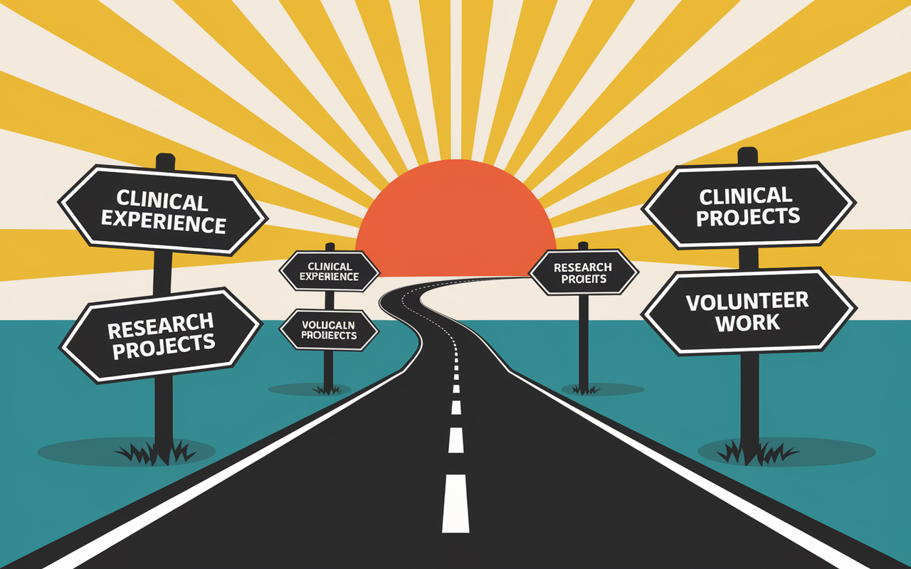 A visual metaphor of a medical professional's career journey illustrated as a winding road leading to a bright horizon. Along the road, milestones like 'clinical experience', 'research projects', and 'volunteer work' are depicted as signposts. The background features a sunrise symbolizing new opportunities and growth in the medical field, with vibrant colors radiating hope and ambition.