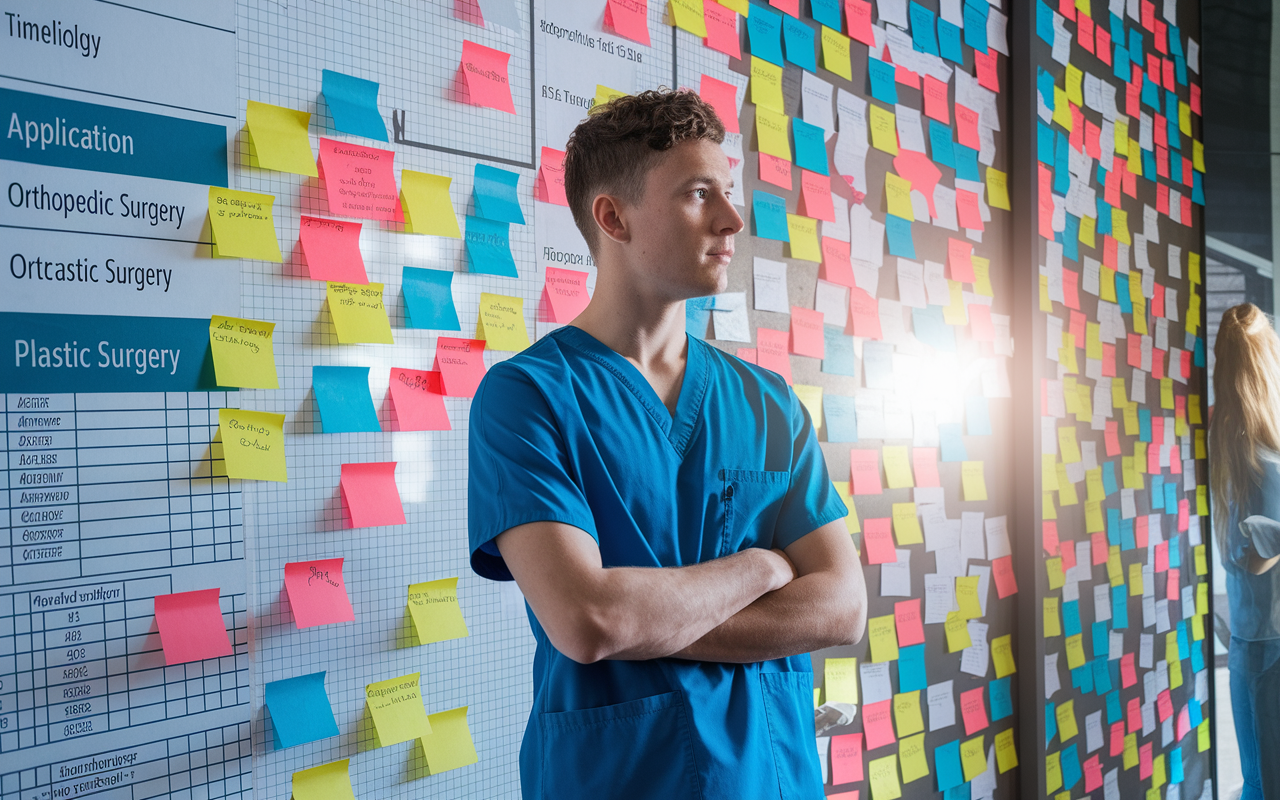 A collage depicting various competitive medical specialties: a young physician in scrubs stands in the foreground contemplating a large wall covered with application timelines and guidelines for dermatology, orthopedic surgery, and plastic surgery. The atmosphere is charged with determination; analytical notes and colorful sticky notes create a vibrant backdrop. Natural light filters through a nearby window, casting a hopeful glow on the aspiring physician's thoughtful expression, symbolizing the challenges ahead.