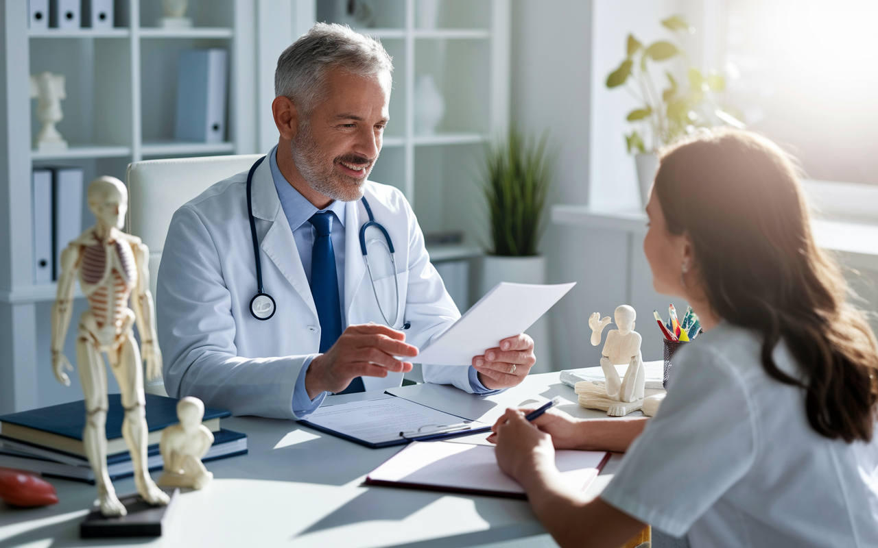 An experienced mentor, depicted as a middle-aged orthopedic surgeon, is reviewing a detailed application with a nervous medical student. They are seated at a well-organized desk in a bright, modern office, with orthopedic models and anatomy books around them. The mentor emanates confidence and warmth, providing constructive feedback while the student eagerly takes notes. Sunlight streams through a window, enhancing the environment’s hopefulness and focus on building a successful application.