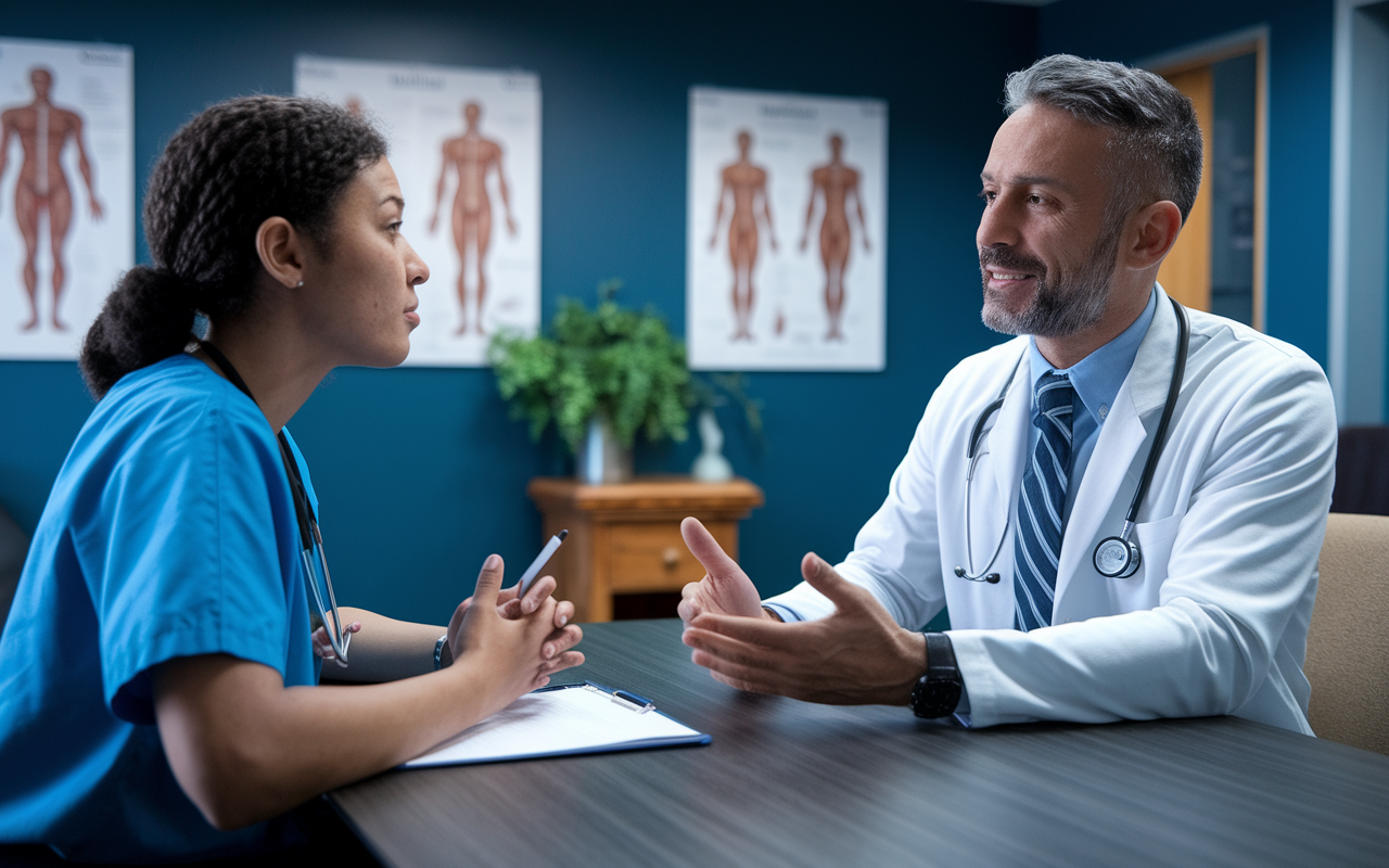 In a well-lit training room, an experienced physician conducts a mock interview with a medical student, who appears nervous yet prepared. The room is adorned with anatomical charts and a comfortable ambiance, bringing in elements of realism. Both individuals are engaged in dialogue, with the mentor providing thoughtful feedback. The expressions on their faces evoke determination and confidence, illustrating the importance of mentorship in skill development within the medical field.