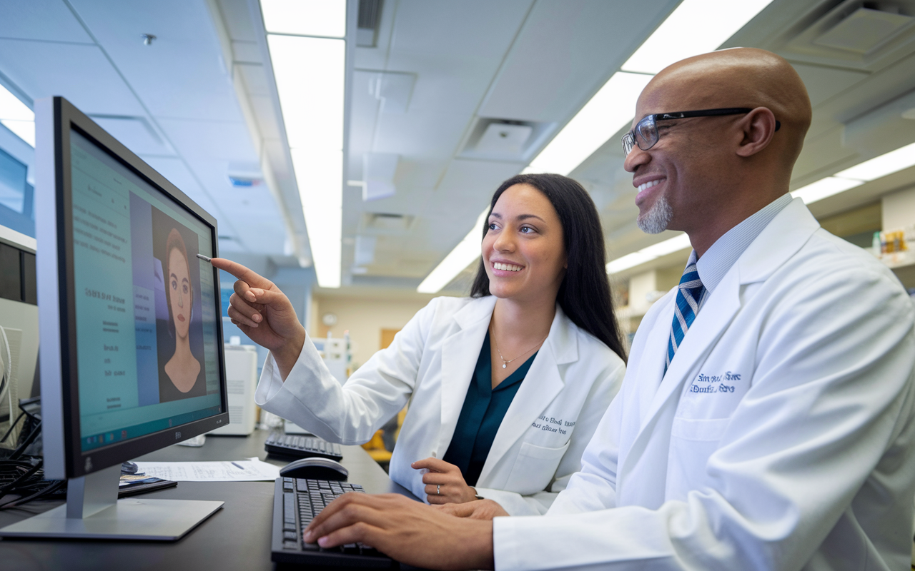 A bright university laboratory environment with Jessica and Dr. Smith discussing research results on a computer screen. The lab is filled with high-tech equipment and dermatology charts. Jessica appears motivated and inspired as she points to the screen while Dr. Smith listens attentively, displaying a sense of pride and mentorship. Bright, focused lighting emphasizes the dedication to research, showcasing the productive environment of educational exploration.