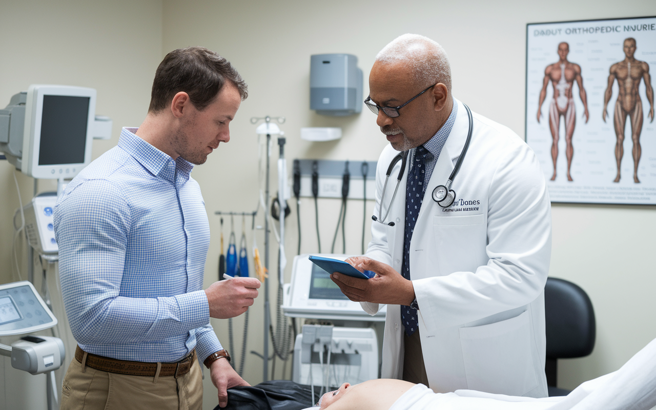 In an orthopedic clinic filled with medical equipment, Daniel shadows Dr. Jones as they examine a patient together. The scene captures Dr. Jones explaining a procedure while Daniel listens intently and takes notes. The clinic is bright and professional, with charts on the wall about orthopedic injuries. The expressions of both mentor and mentee reflect the commitment to education and skill development, reinforcing the essence of hands-on mentorship in the field.