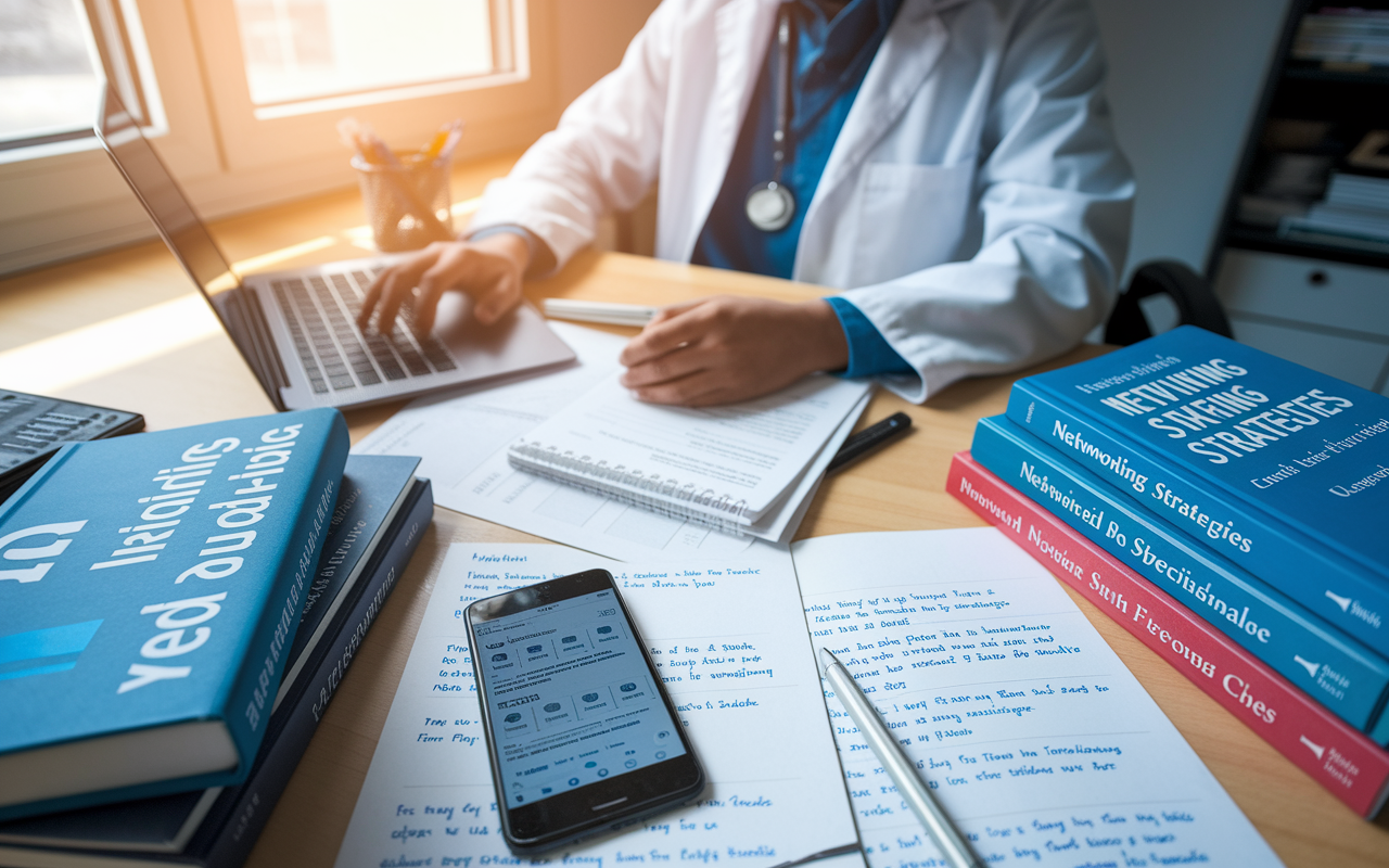 A focused medical student sitting at a desk surrounded by books on networking strategies and medical specialties. The scene includes an open laptop showing a LinkedIn profile, a phone displaying Twitter posts from medical professionals, and notes filled with insights from faculty contacts. Bright sunlight filters through a nearby window, creating a warm and motivating atmosphere. This image emphasizes the thoughtful and strategic approach needed for successful networking.