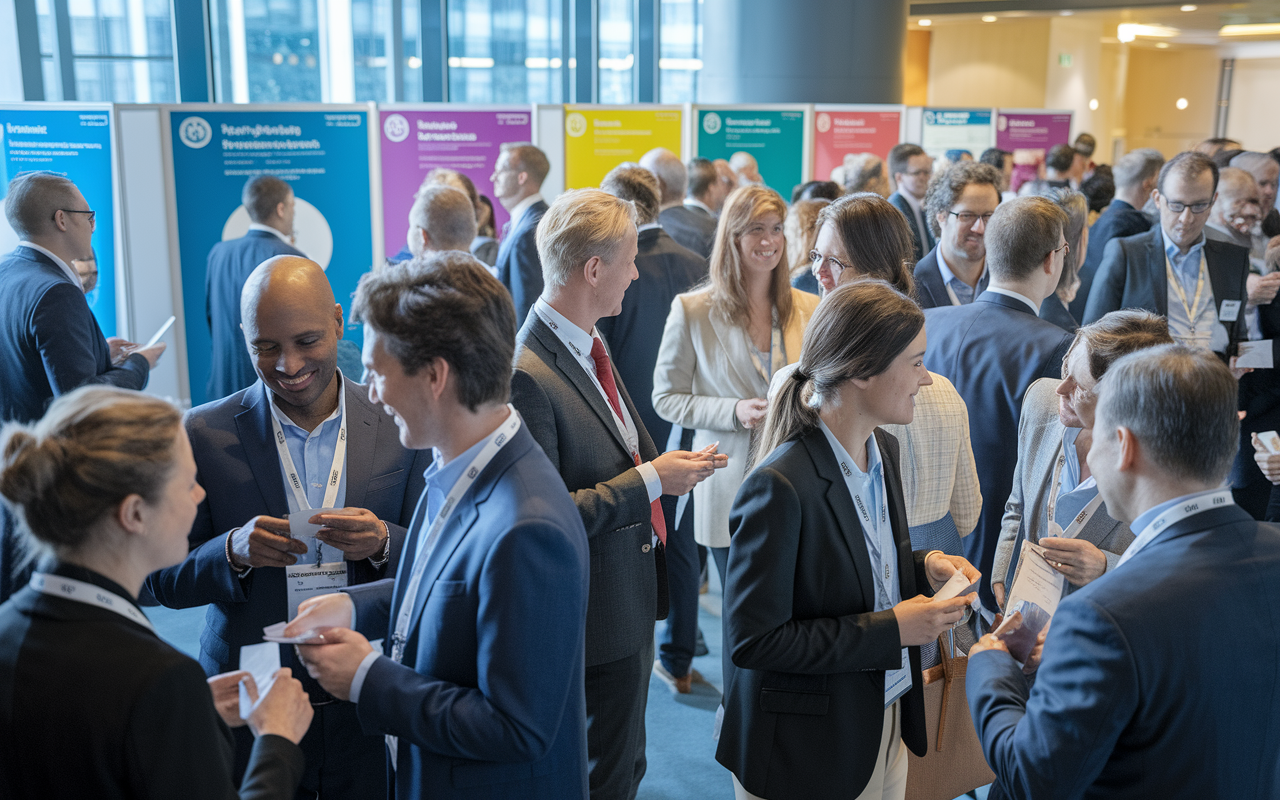 A dynamic scene inside a medical conference hall, with attendees engaging in networking sessions. Medical professionals of various backgrounds, dressed in business attire, are exchanging business cards and smiling as they interact. Colorful posters displayed in the background highlight medical research, with a welcoming atmosphere enhanced by bright lighting and lively conversation. This image illustrates the energy and camaraderie fostered at networking events.