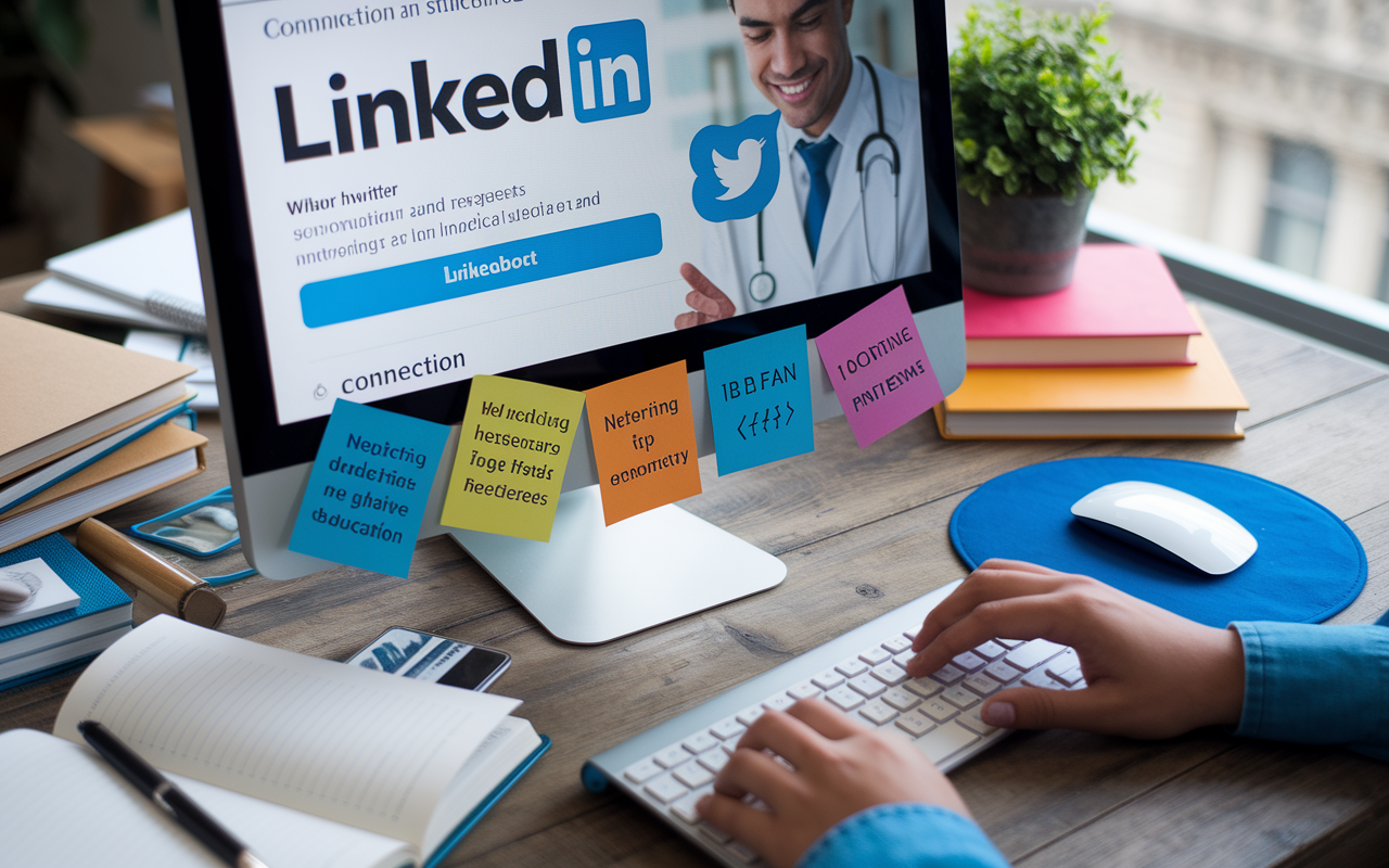 A snapshot of a vibrant digital workspace featuring a medical student engaging on LinkedIn and Twitter. The screen displays an open LinkedIn profile with connection requests, and Twitter hashtags related to medical education are highlighted. Surrounding the computer are textbooks and notes filled with networking tips, creating an impression of active social media engagement in a light-filled study space.