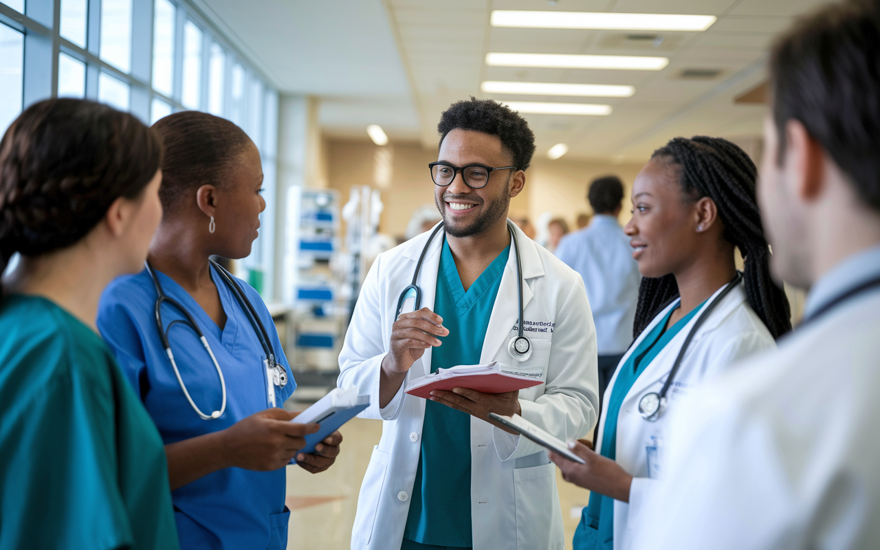 A medical student actively engaging with attending physicians and fellow residents during a clinical rotation in a hospital. The scene is bright and dynamic, capturing the student asking questions, taking notes, and interacting with a diverse group of medical staff. The hospital environment is bustling, with medical equipment in the background and a sense of collaboration and enthusiasm for learning.