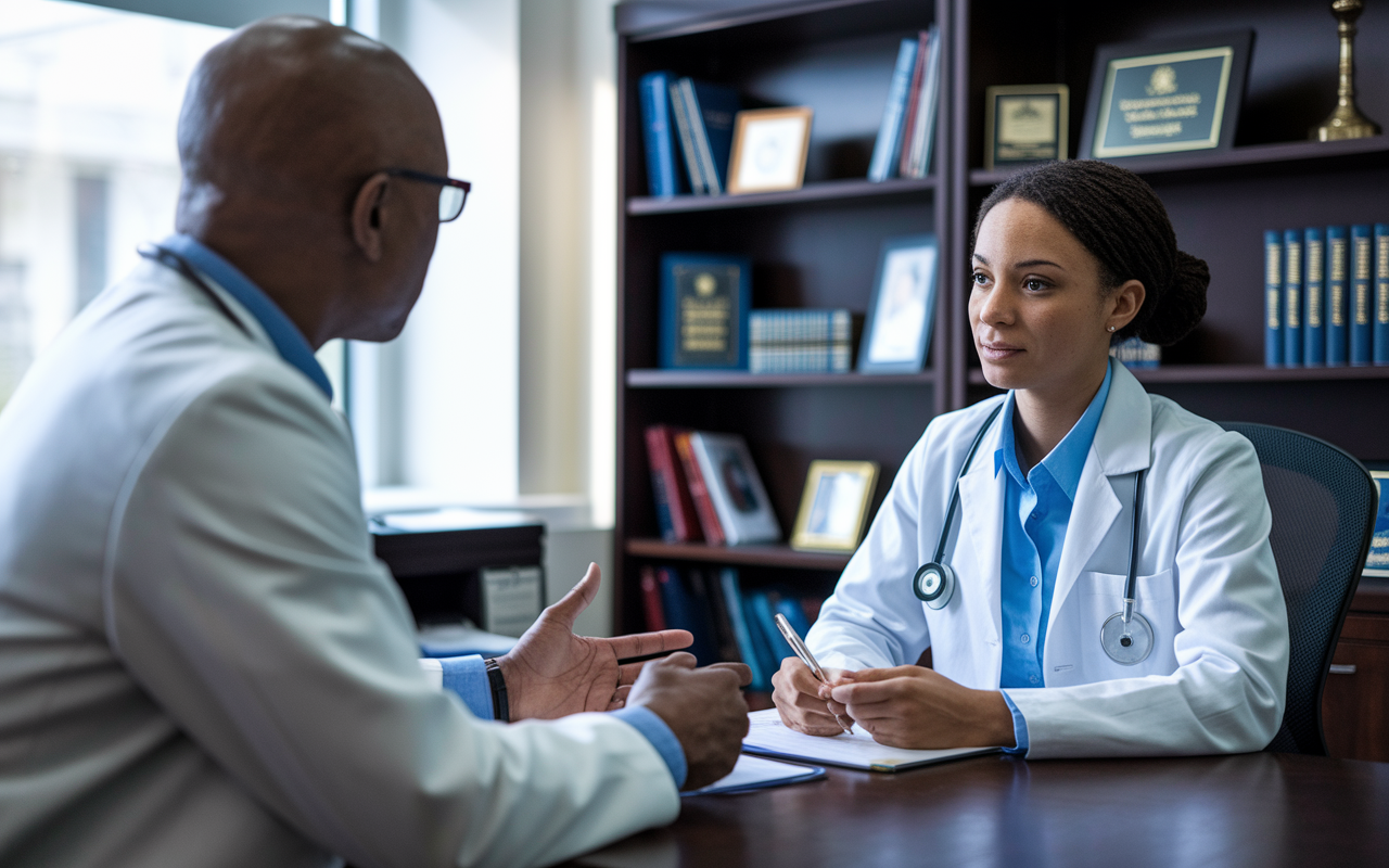 A medical student practicing for residency interviews in an academic office, sitting across from a mentor. The mentor, appearing experienced and knowledgeable, is providing feedback while the student takes notes, showcasing determination and focus. The room is well-lit, with medical books and accolades on the shelves, encapsulating an environment of preparation and mentorship.