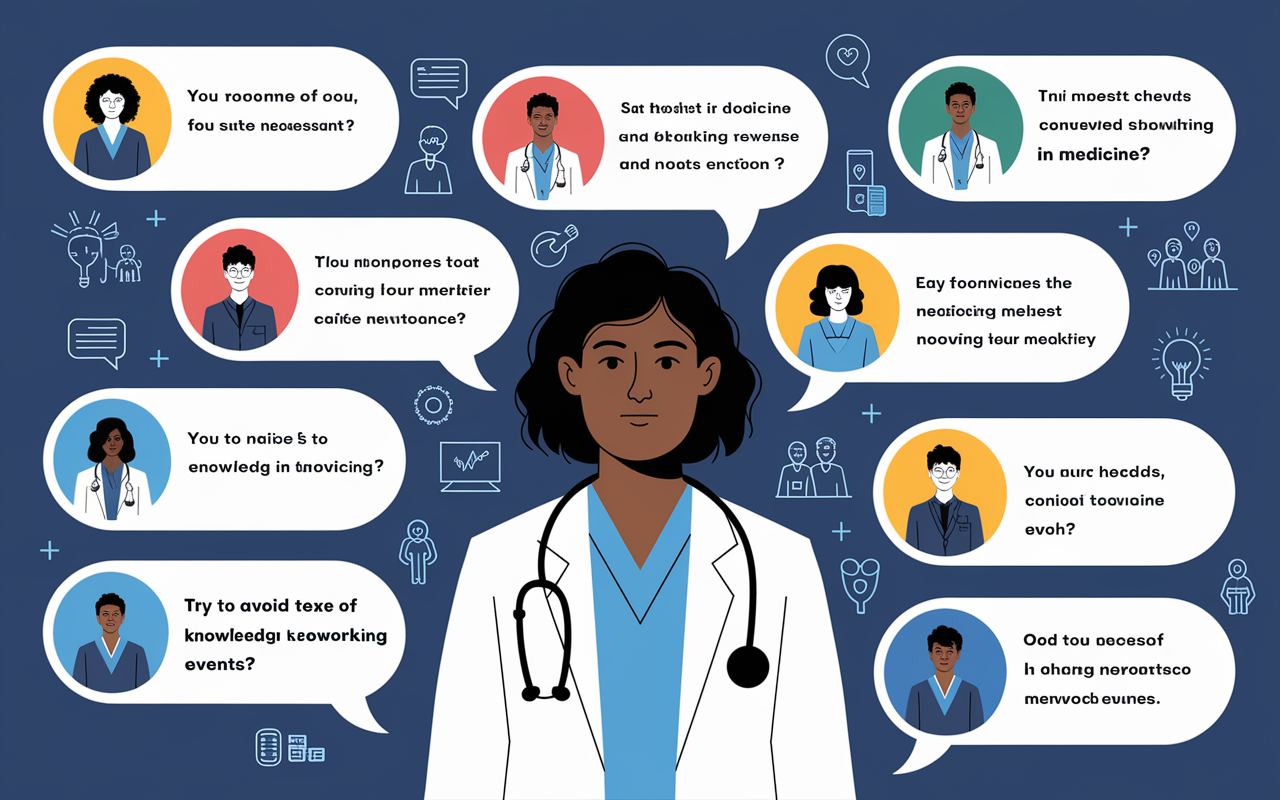 A motion graphic style scene depicting a medical student surrounded by various bubbles of information representing common FAQs about networking in medicine. Each bubble contains an illustrated question with icons symbolizing mentorship, social media, and networking events. The student looks engaged and curious, reflecting the importance of gaining knowledge and insights to enhance their medical career.