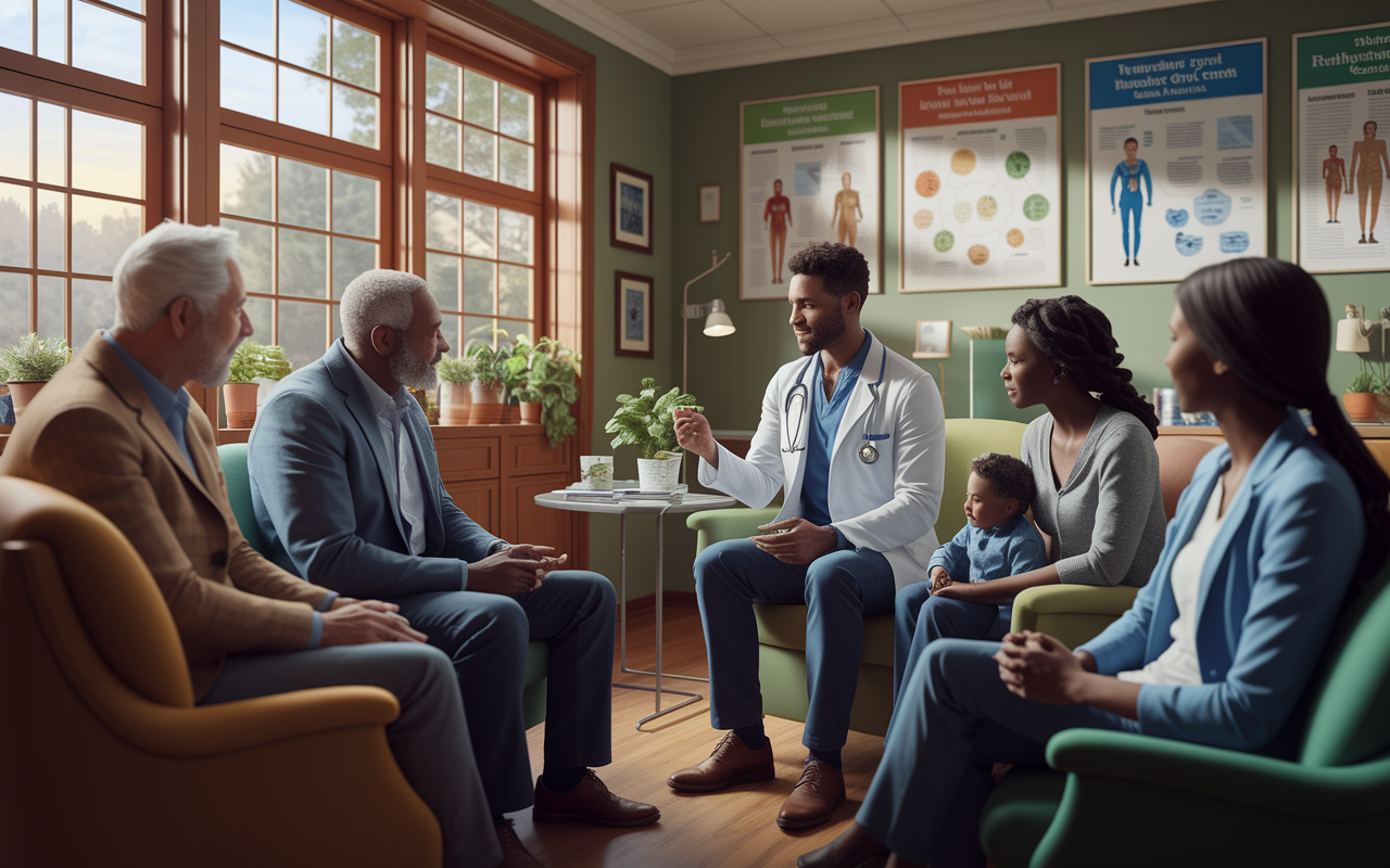 A family physician in a cozy clinic, attentively listening to a diverse group of patients, including an elderly man and a mother with a child. The room is warmly lit with sunlight filtering through large windows. Colorful charts on the walls depict health information and healthy lifestyles. The physician shows empathy and understanding, creating a nurturing atmosphere. Realistic character expressions capture the essence of care and connection in primary care. A sense of community and trust fills the room.