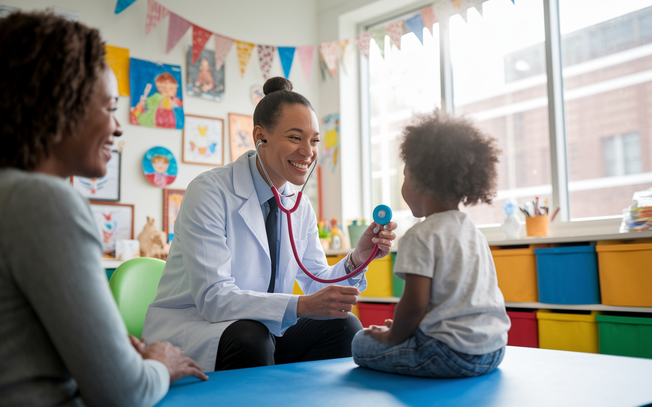 A pediatrician engaged with a young patient in a cheerful office filled with colorful decorations and children's drawings. The doctor, smiling and kneeling to be at eye level with the child, holds a toy stethoscope. Bright natural light streams in through large windows, creating an inviting atmosphere. The child's caregiver, watching with a positive expression, reflects trust in the pediatrician's abilities. The scene radiates warmth, caring, and expert handling of pediatric health.