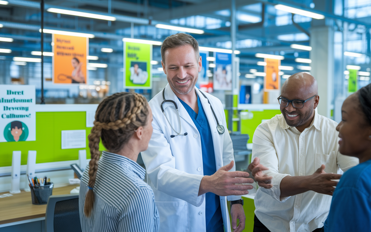 A physician in occupational medicine, interacting with employees in a modern workplace setting, showcasing a vibrant factory backdrop. The physician conducts an ergonomic evaluation, demonstrating hands-on involvement. Bright work environments with motivational posters on health and safety adorn the scene, promoting wellness culture. The diverse workforce represents a variety of roles, emphasizing the importance of preventive care in occupational health. Bright daylight illuminates the working space, adding a sense of positivity and engagement.