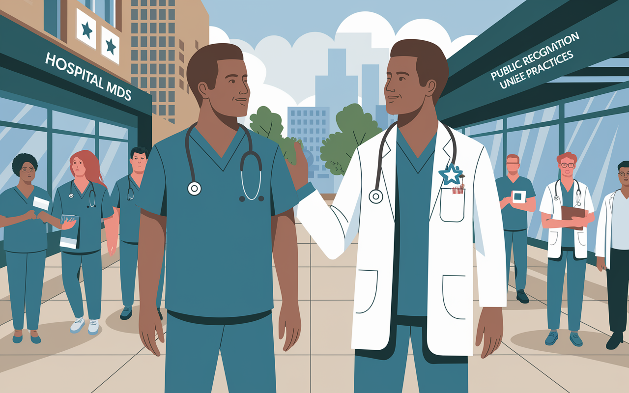 A comparative scene depicting two healthcare professionals: a DO and an MD, both in scrubs, standing side by side outside a hospital in the United States. The background should illustrate an urban hospital scene with patients, while subtle symbols (like stars for MDs and leaf icons for DOs) signify public recognition levels visually. The atmosphere should convey professionalism, and the interaction should be respectful, highlighting the coexistence of both practices.